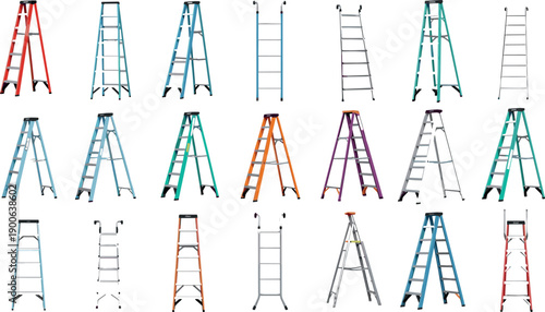 Ladder icon set with different types and colors in flat vector style for construction, maintenance, repair and safety design projects
