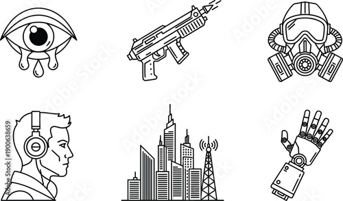 Technology line icons set, cyberpunk symbols including weapon, gas mask, robot hand, city signal, eye, headset illustration, vector outline design