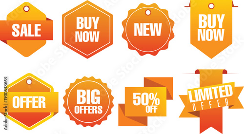 Collection of eight vibrant orange and yellow promotional badges featuring sale offer buy now new big discount labels.