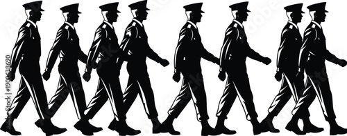 Uniformed soldiers marching silhouette line showing discipline, military formation, authority, teamwork, armed forces concept, black vector illustration isolated