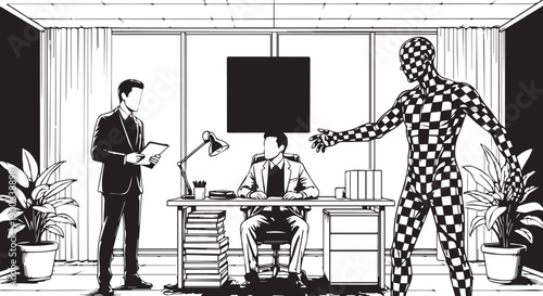 Surreal Office Concept of Business Professional Meeting a Digital Humanoid Robot in a Checkered Pattern