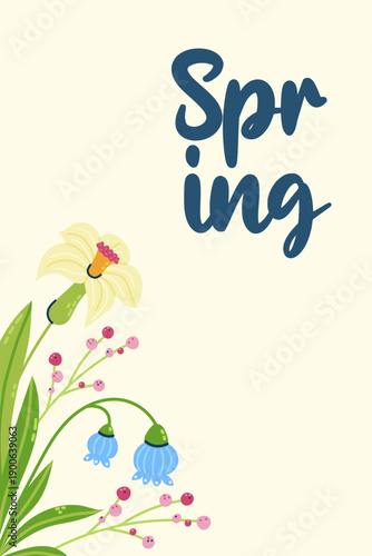 Cute postcard with inscription Spring and flowers in corner. Seasonal hand drawn card, poster, web banner. Vector illustration.