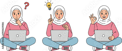 Muslim woman working on laptop character set showing thinking, idea and success gestures, modern flat vector illustration for education, productivity and remote work design