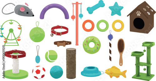 Pet toys and accessories icon set with cat and dog items, scratching posts and bowls in colorful flat vector style for pet care design