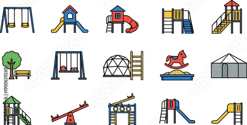 Playground equipment icon set with swings, slides and climbing structures in flat vector style for kids park, outdoor play and education design