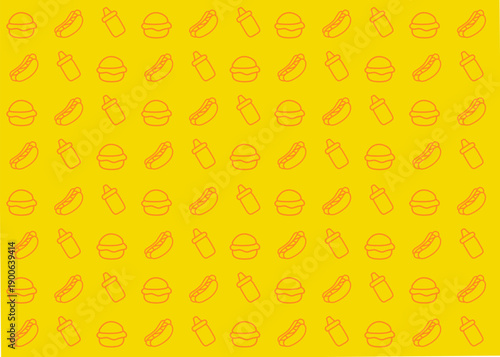 Burger and hotdog illustration pattern with orange outline and yellow background, food packaging, menu illustration