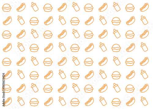 Burger and hotdog illustration pattern with orange outline and white background, food packaging, menu illustration	