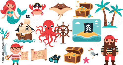 Pirate and sea adventure illustration set with pirates, treasure chests, mermaid and ocean elements in colorful flat vector cartoon style