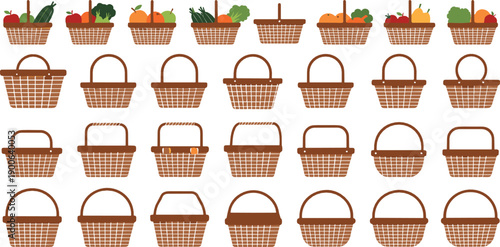 Wicker basket icon set with empty and filled baskets in flat vector style for grocery shopping, picnic, harvest and market design