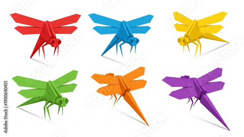 Colorful origami dragon flies arranged neatly on a flat surface