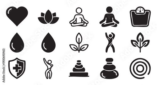 Collection of minimalist line art icons representing wellness and activities