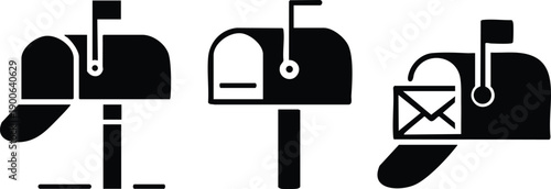 Minimalist Black and White Icons for Mail and Correspondence, Stylized Post Office Symbols: Empty, Open, and Full Mailbox, vector, illustration, silhouette.