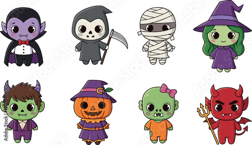 Cute Halloween monster and character set with vampire, mummy, witch and devil, adorable cartoon flat vector illustration for party, kids and spooky holiday design