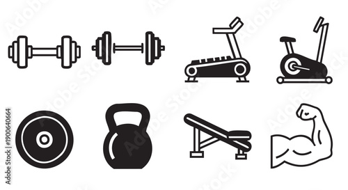 Set of fitness and gym equipment icons isolated on transparent background