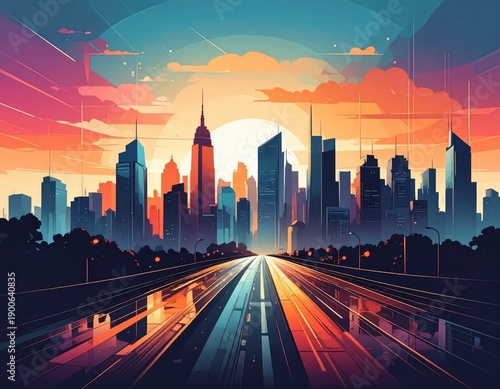 Vibrant City Skyline at Sunset with Road Leading into Urban Scene