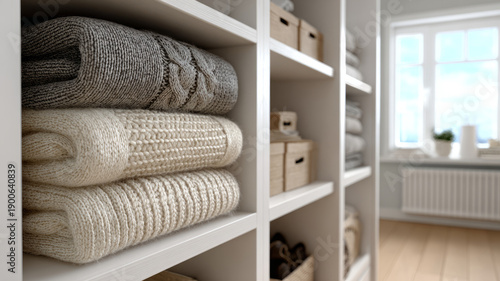 Neatly folded wool sweaters on white shelving in cozy home