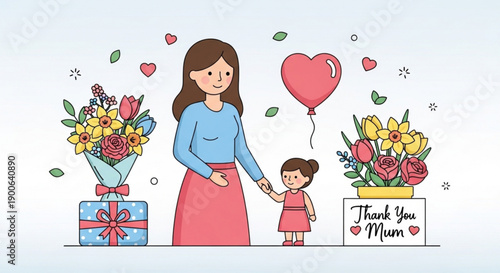 Mother and daughter celebrating mother's day with flowers gifts and a heart shaped balloon