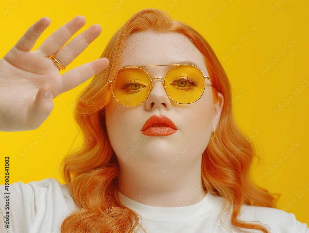 Fototapeta premium Woman Wearing Yellow Sunglasses and Ring in Front of Bright Yellow Background