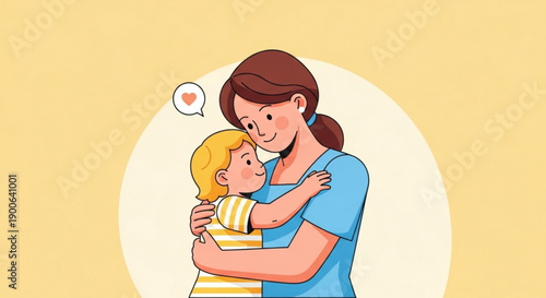 Mother hugging young child with love heart speech bubble affectionate family moment tender parenthood concept