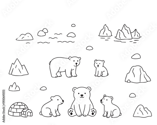 Vector illustration of a polar bear family in the Arctic surrounded by icebergs, mountains, and an igloo. 