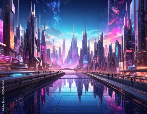 Futuristic Cityscape with Reflection Under Vibrant Sunset Sky