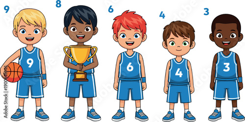 Cute kids basketball team character set with diverse boys wearing numbered uniforms, trophy and sports poses, cheerful cartoon flat vector illustration for children design