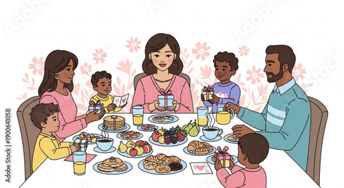 Diverse family enjoying a meal together at a table with food and drinks in a warm and cozy atmosphere with a floral background