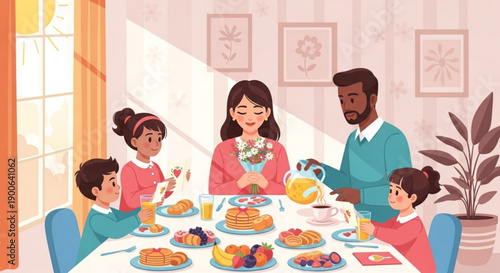 Diverse family enjoying breakfast together at home in a warm and cozy atmosphere with pancakes and fruit