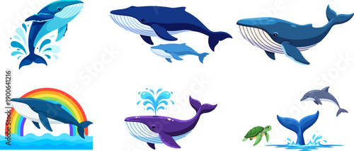 A collection of cartoon illustrations depicting various whales and marine life in different poses and colors.