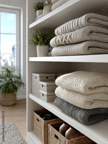 Cozy knitted blankets stacked on shelves in modern living room