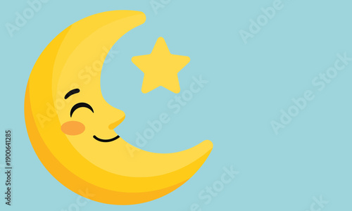 A cute cartoon yellow crescent moon with a happy, smiling face and rosy cheeks, accompanied by a small yellow star, set against a light blue background.
