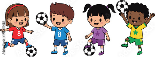 Cute kids playing soccer character set with boys and girls holding footballs, active sports cartoon flat vector illustration for children and school design