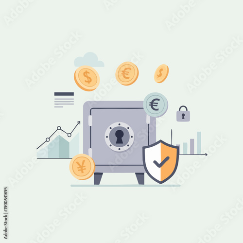 Modern Flat Safe Security Deposit Box With Money Finance Illustration