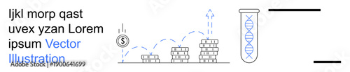 Financial growth, investment strategies, wealth management, biotechnology, genetics, progress tracking. Stacked coins with upward progression, DNA strands in a test tube. Financial growth