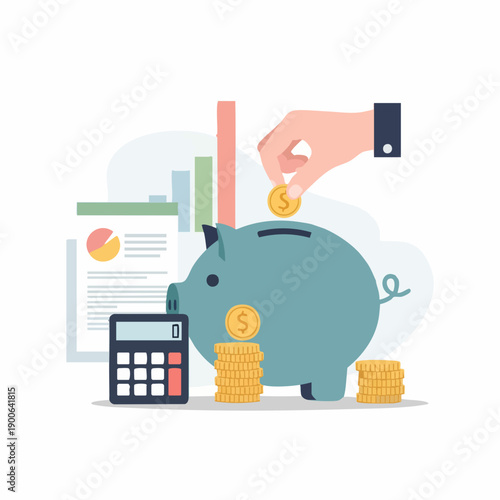 Flat Style Detailed Piggy Bank Coin Savings Investment Finance Illustration