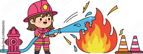Cute little firefighter girl character extinguishing fire with hose, safety and emergency cartoon flat vector illustration for kids education and rescue design