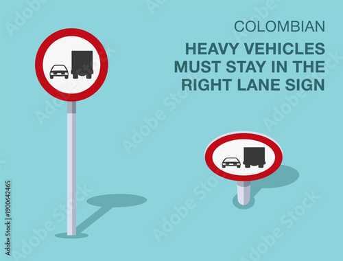 Traffic regulation rules. Isolated colombian "heavy vehicles must stay in the right lane" road sign. Front and top view. Flat vector illustration template.