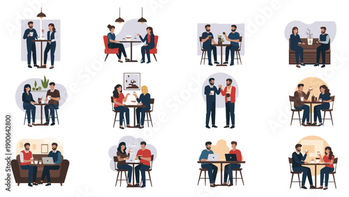 Diverse couples and friends happily socializing in cafes and bars, enjoying conversations, drinks, and pleasant moments together.