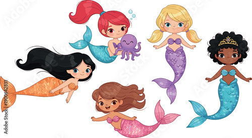 Cute mermaid girl character set with colorful tails and diverse hairstyles, magical underwater cartoon flat vector illustration for kids, fantasy and fairytale design