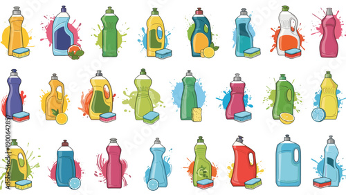 Extensive collection of diverse cleaning product bottles, including dish soap and detergents, with colorful splashes and scrubbing sponges for household chores.