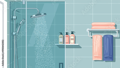 Refreshing scene of a modern bathroom shower with water cascading, shampoo and conditioner bottles on a shelf, and neatly folded towels on a rack.