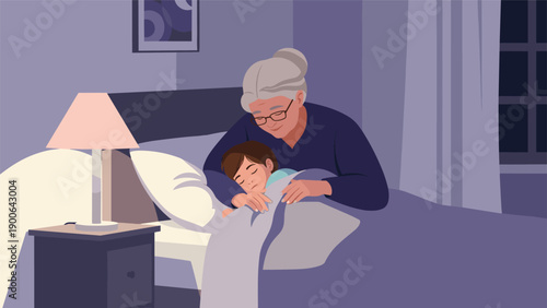 Loving grandmother tenderly tucking her grandchild into bed at night, creating a warm and comforting scene of family care.