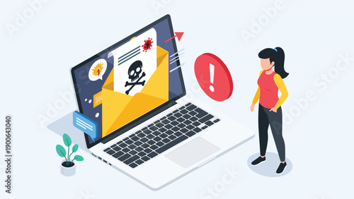 Concerned woman observes a laptop screen displaying a dangerous phishing email, complete with a skull and crossbones icon, indicating a severe cyber threat.
