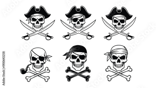 Captivating set of pirate skull and crossbones designs, each featuring unique headwear, distinct eye patches, and various traditional pirate accessories.