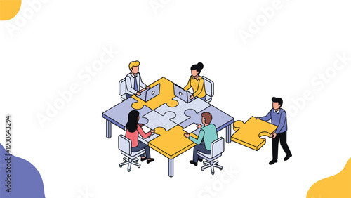 Dynamic business team actively collaborates around a unique puzzle-shaped table, working together to add the final missing piece, symbolizing teamwork and problem-solving.