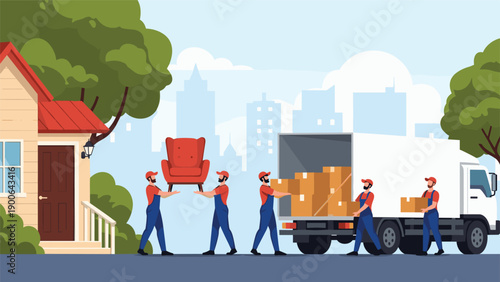 Professional movers efficiently load various furniture pieces and cardboard boxes from a charming house into a large moving truck, symbolizing a smooth relocation process.