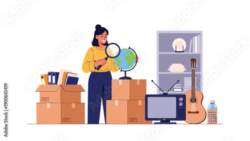 Curious woman examines a globe, thoughtfully looking at a new horizon, surrounded by numerous moving boxes and various household items during a relocation or cleanup.