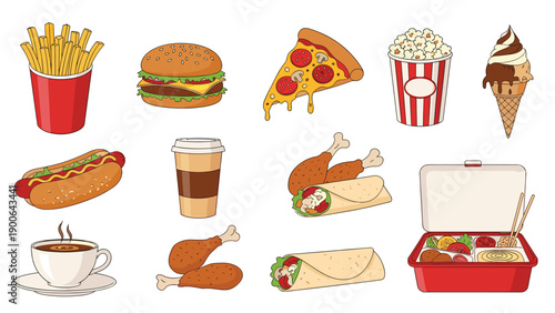 Delicious and varied collection of popular fast food and snack items, including crispy fries, a juicy burger, pizza slices, popcorn, and fried chicken.