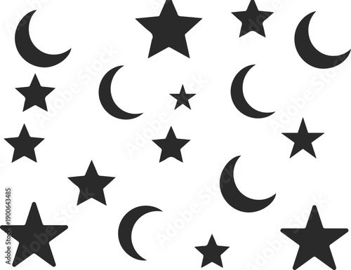 Black and white celestial pattern with crescent moons and stars