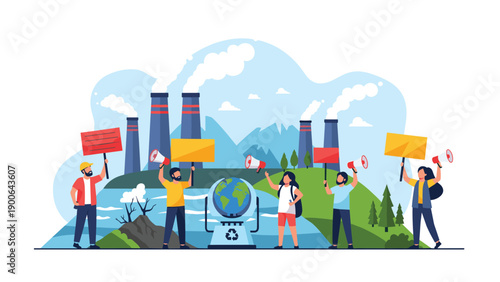 Determined environmental activists gather to protest against industrial pollution, holding signs and megaphones, with smoke-emitting factories looming in the background.